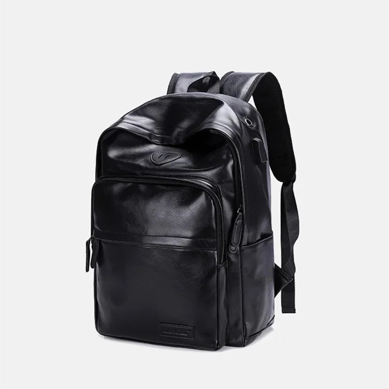 Luxury PU Leather Men's Fashion USB Charging Student School Business Man Laptop Bag Waterproof Travel Backpack
