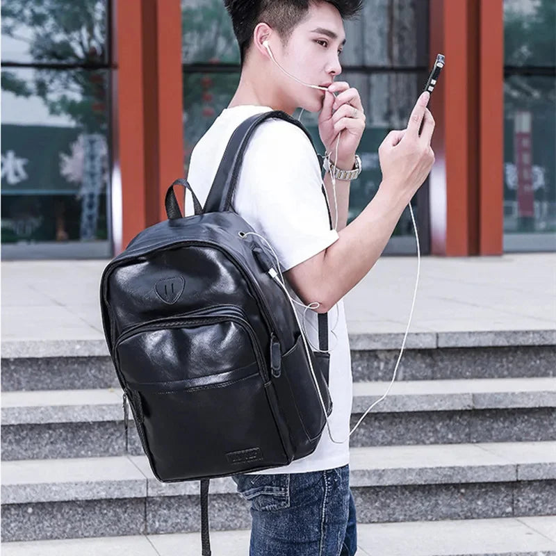 Luxury PU Leather Men's Fashion USB Charging Student School Business Man Laptop Bag Waterproof Travel Backpack
