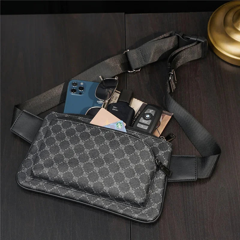 Luxury Plaid Men's Casual Leather Phone Travel Waist Fashion Chest Pack Male Shoulder Crossbody Bag