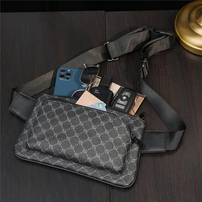 Luxury Plaid Men's Casual Leather Phone Travel Waist Fashion Chest Pack Male Shoulder Crossbody Bag