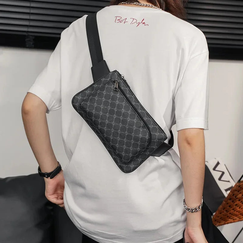 Luxury Plaid Men's Casual Leather Phone Travel Waist Fashion Chest Pack Male Shoulder Crossbody Bag