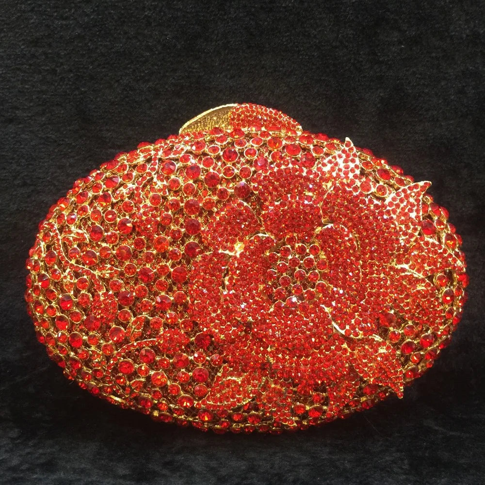 Luxury Red Crystal Wedding Clutch Gold Metal Bridal Evening Bags Flower Clutches For Women Gift Hollow Out Diamond Handbag Purse