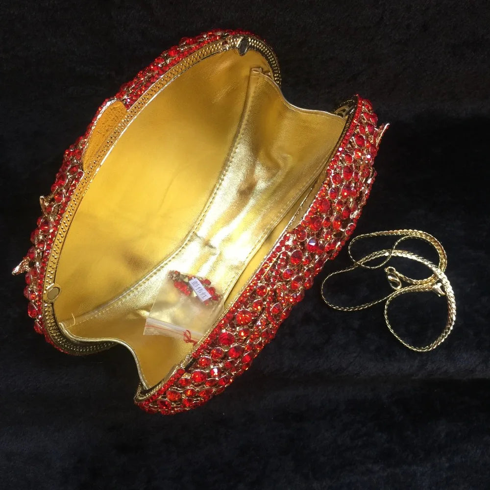 Luxury Red Crystal Wedding Clutch Gold Metal Bridal Evening Bags Flower Clutches For Women Gift Hollow Out Diamond Handbag Purse