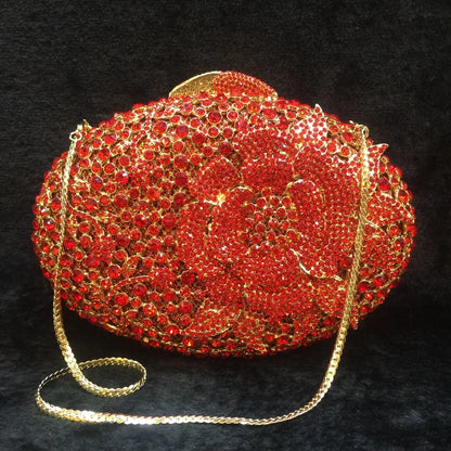 Luxury Red Crystal Wedding Clutch Gold Metal Bridal Evening Bags Flower Clutches For Women Gift Hollow Out Diamond Handbag Purse