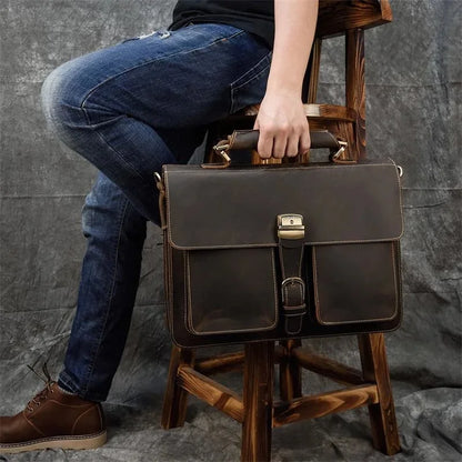 Luxury Retro 100% Cow Leather Men Briefcase 15.6 inch Large Capacity Laptop Fashion Shoulder Male Business HandBag