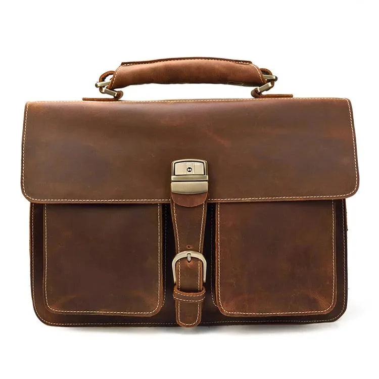 Luxury Retro 100% Cow Leather Men Briefcase 15.6 inch Large Capacity Laptop Fashion Shoulder Male Business HandBag