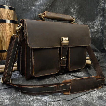 Luxury Retro 100% Cow Leather Men Briefcase 15.6 inch Large Capacity Laptop Fashion Shoulder Male Business HandBag