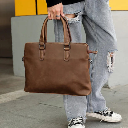 Luxury Soft Leather Briefcase For Men Business Laptop Retro Male Hand Tote Bag Casual Shoulder Messenger bag