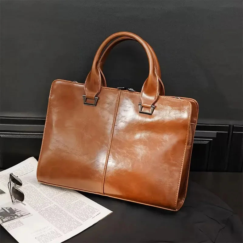 Luxury Soft Leather Men's Briefcase Large Capacity Handbag Retro Tote Male Shoulder Messenger Business Laptop Bag
