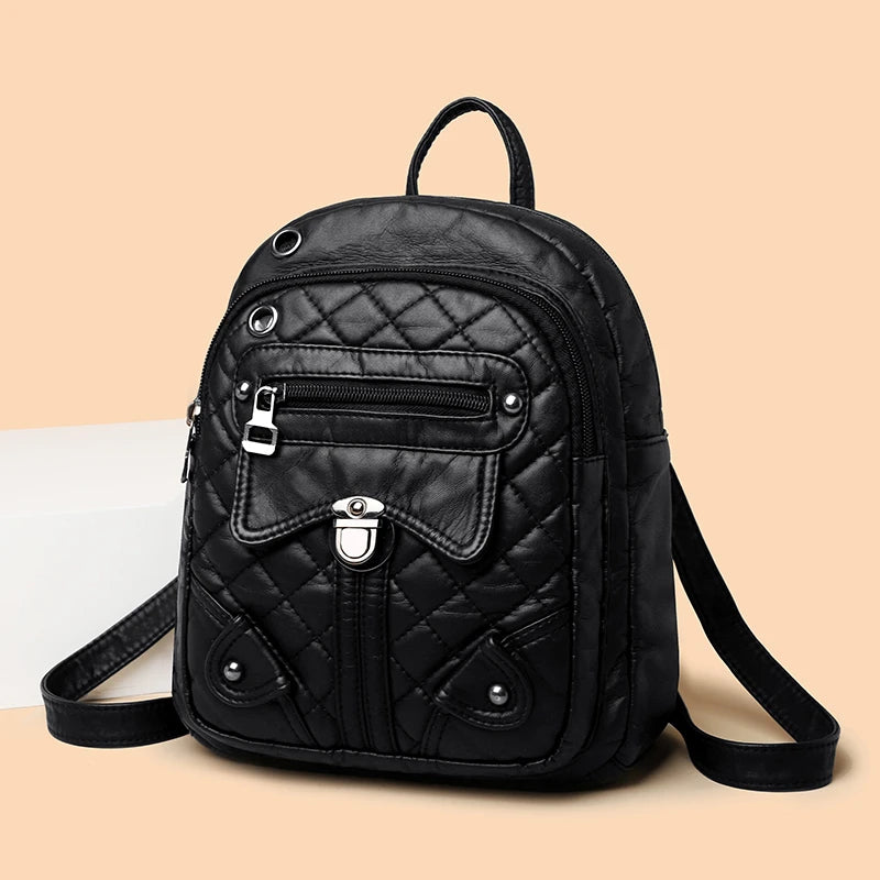 Luxury Soft Leather Women's Backpack High Quality PU Leather School Bags For Girl Multi-zip Large Capacity Travel Women Backpack