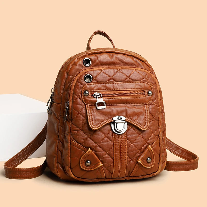 Luxury Soft Leather Women's Backpack High Quality PU Leather School Bags For Girl Multi-zip Large Capacity Travel Women Backpack