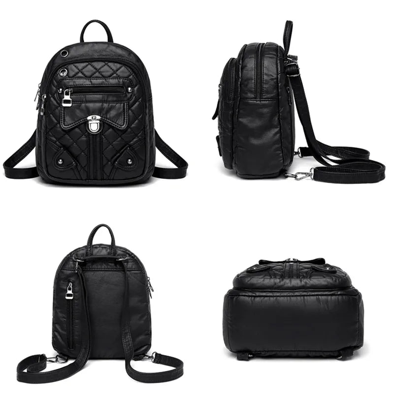 Luxury Soft Leather Women's Backpack High Quality PU Leather School Bags For Girl Multi-zip Large Capacity Travel Women Backpack