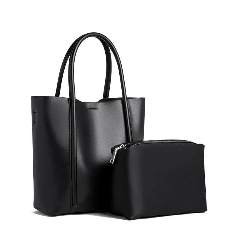Luxury Solid Genuine Leather Casual Shopper Shoulder Crossbody Bag Commuter Large Bucket Handbag High Quality Cowhide Women Tote