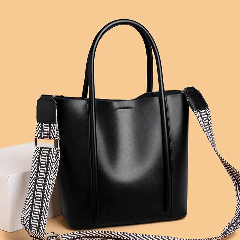 Luxury Solid Genuine Leather Casual Shopper Shoulder Crossbody Bag Commuter Large Bucket Handbag High Quality Cowhide Women Tote