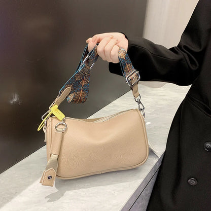 Luxury Solid Genuine Leather Shoulder Crossbody Bag For Women Fashion Handbag Cow Leather Ladies Wide Fabric Strap Messenger Sac