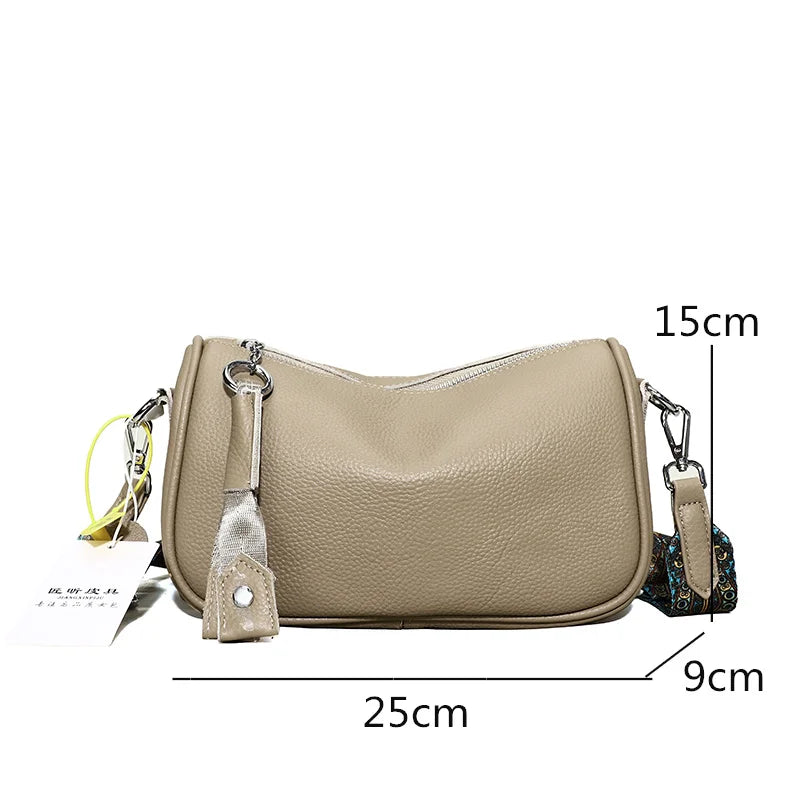 Luxury Solid Genuine Leather Shoulder Crossbody Bag For Women Fashion Handbag Cow Leather Ladies Wide Fabric Strap Messenger Sac