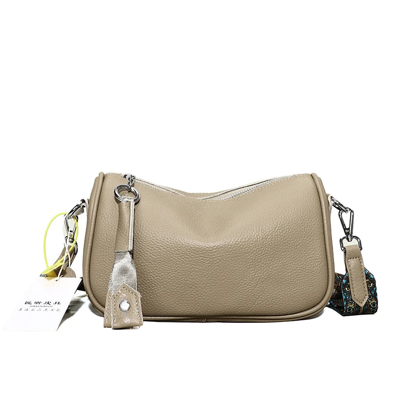 Luxury Solid Genuine Leather Shoulder Crossbody Bag For Women Fashion Handbag Cow Leather Ladies Wide Fabric Strap Messenger Sac