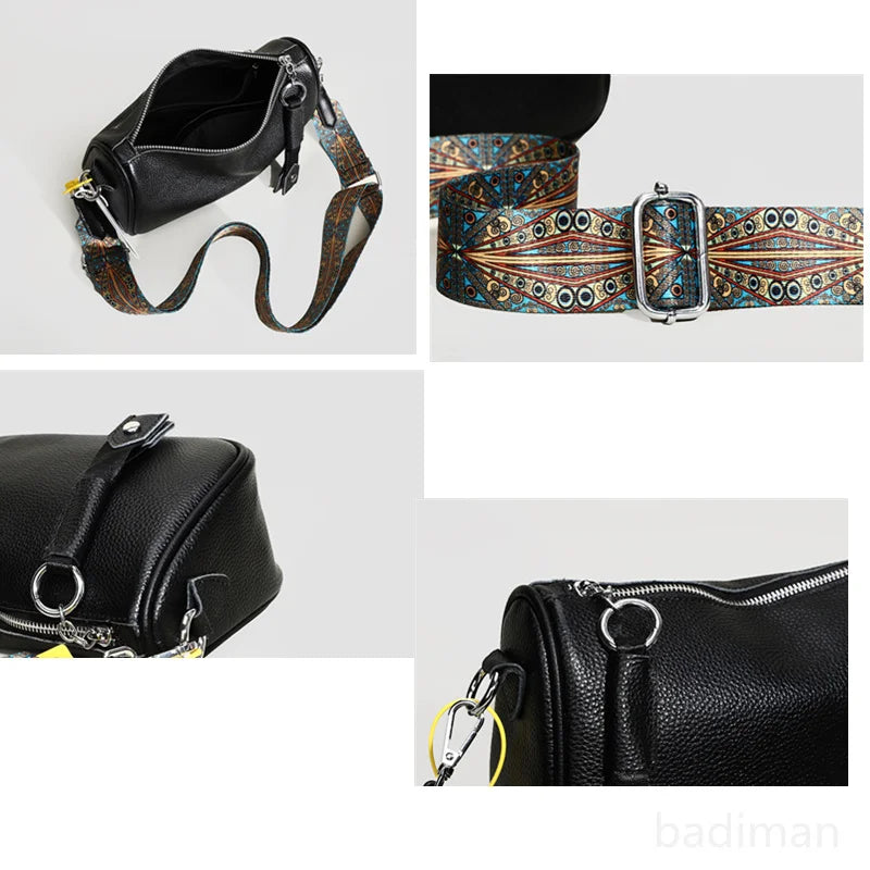 Luxury Solid Genuine Leather Shoulder Crossbody Bag For Women Fashion Handbag Cow Leather Ladies Wide Fabric Strap Messenger Sac