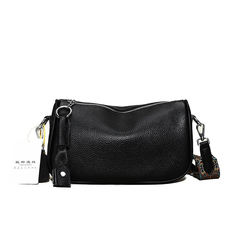 Luxury Solid Genuine Leather Shoulder Crossbody Bag For Women Fashion Handbag Cow Leather Ladies Wide Fabric Strap Messenger Sac