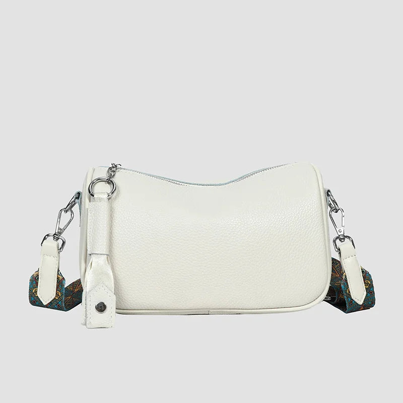 Luxury Solid Genuine Leather Shoulder Crossbody Bag For Women Fashion Handbag Cow Leather Ladies Wide Fabric Strap Messenger Sac