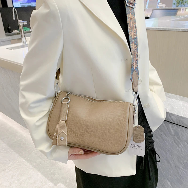 Luxury Solid Genuine Leather Shoulder Crossbody Bag For Women Fashion Handbag Cow Leather Ladies Wide Fabric Strap Messenger Sac
