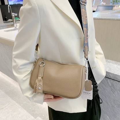 Luxury Solid Genuine Leather Shoulder Crossbody Bag For Women Fashion Handbag Cow Leather Ladies Wide Fabric Strap Messenger Sac