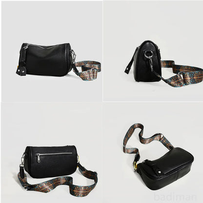 Luxury Solid Genuine Leather Shoulder Crossbody Bag For Women Fashion Handbag Cow Leather Ladies Wide Fabric Strap Messenger Sac