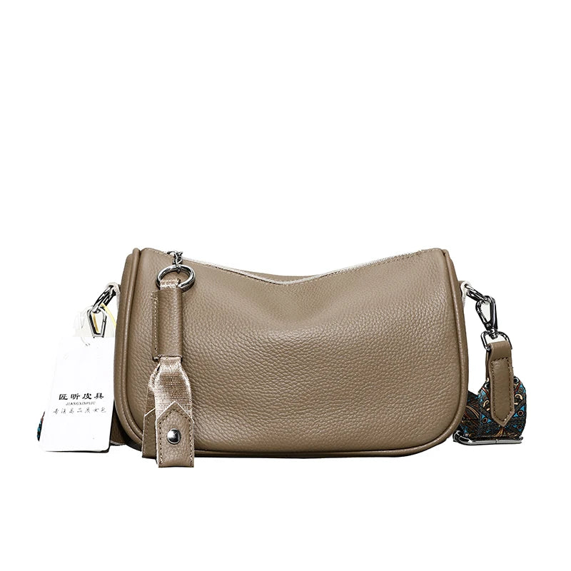 Luxury Solid Genuine Leather Shoulder Crossbody Bag For Women Fashion Handbag Cow Leather Ladies Wide Fabric Strap Messenger Sac