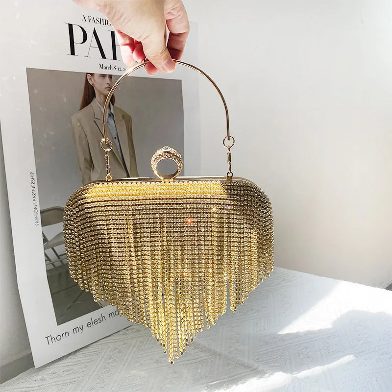 Luxury Women Diamond Tassel Tote Silver Rhinestone Evening Wedding Handbag Banquet Crystal Dinner Clutch Trendy Female Bag Bling