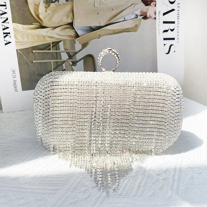 Luxury Women Diamond Tassel Tote Silver Rhinestone Evening Wedding Handbag Banquet Crystal Dinner Clutch Trendy Female Bag Bling