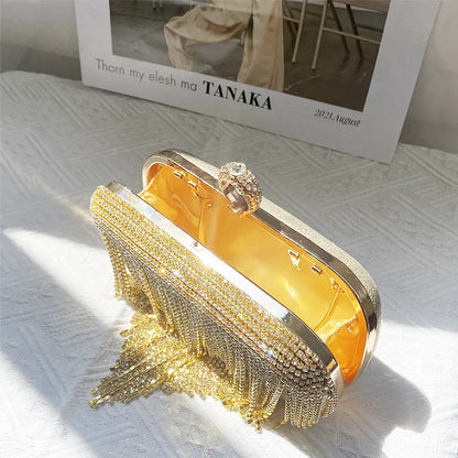 Luxury Women Diamond Tassel Tote Silver Rhinestone Evening Wedding Handbag Banquet Crystal Dinner Clutch Trendy Female Bag Bling