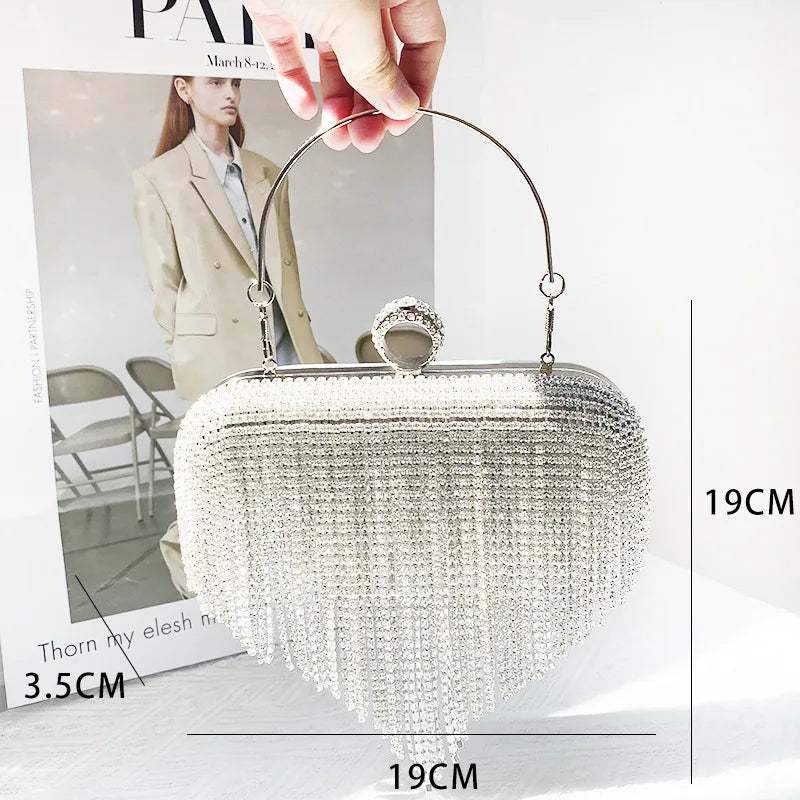 Luxury Women Diamond Tassel Tote Silver Rhinestone Evening Wedding Handbag Banquet Crystal Dinner Clutch Trendy Female Bag Bling