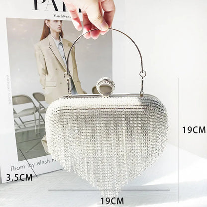 Luxury Women Diamond Tassel Tote Silver Rhinestone Evening Wedding Handbag Banquet Crystal Dinner Clutch Trendy Female Bag Bling