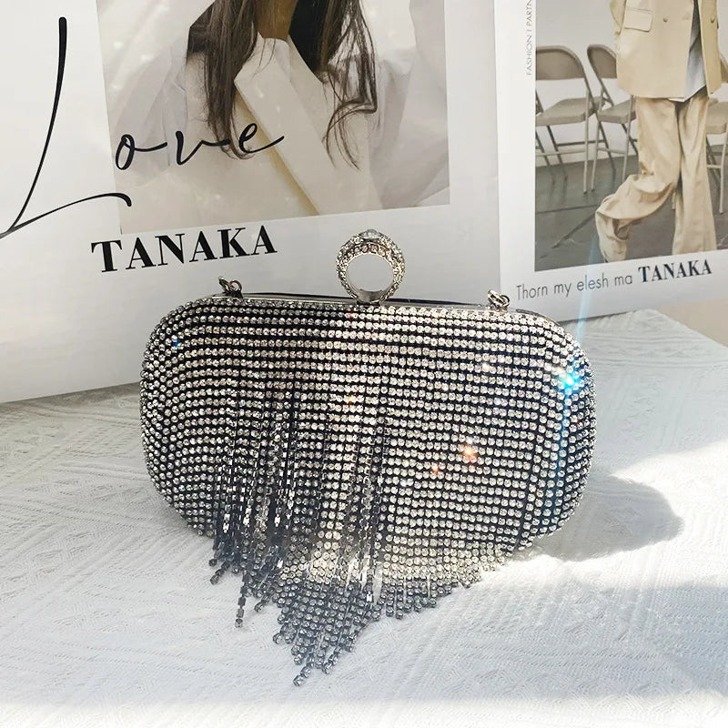 Luxury Women Diamond Tassel Tote Silver Rhinestone Evening Wedding Handbag Banquet Crystal Dinner Clutch Trendy Female Bag Bling