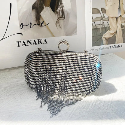 Luxury Women Diamond Tassel Tote Silver Rhinestone Evening Wedding Handbag Banquet Crystal Dinner Clutch Trendy Female Bag Bling