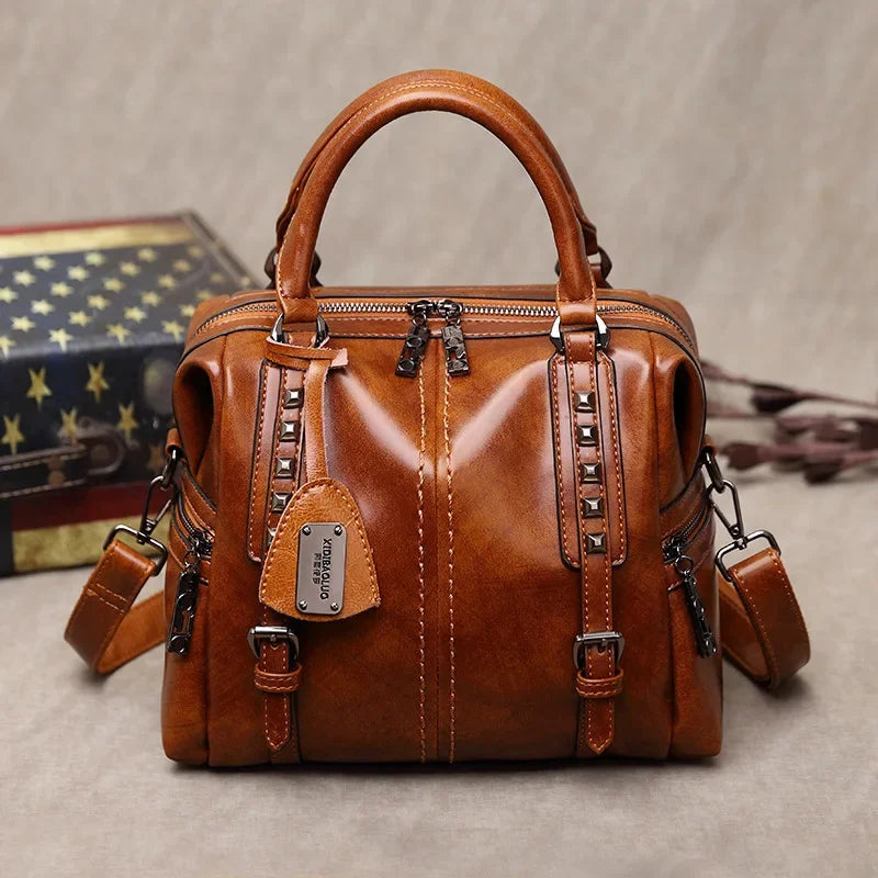 Luxury Women's New Brand Retro Oil Wax Leather Handbag Simple Fashion Messenger Ladies Elegant Crossbody Shoulder Bag
