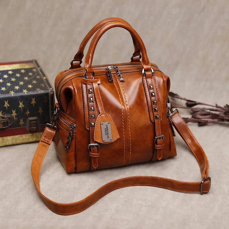 Luxury Women's New Brand Retro Oil Wax Leather Handbag Simple Fashion Messenger Ladies Elegant Crossbody Shoulder Bag
