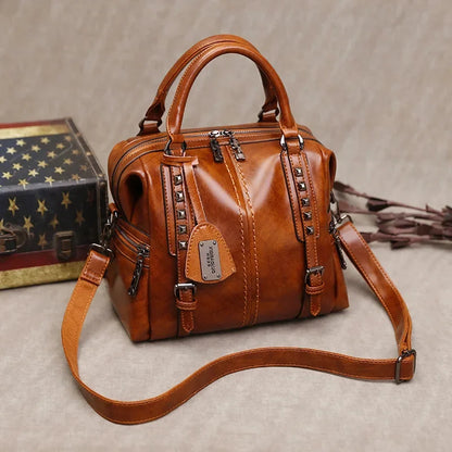 Luxury Women's New Brand Retro Oil Wax Leather Handbag Simple Fashion Messenger Ladies Elegant Crossbody Shoulder Bag