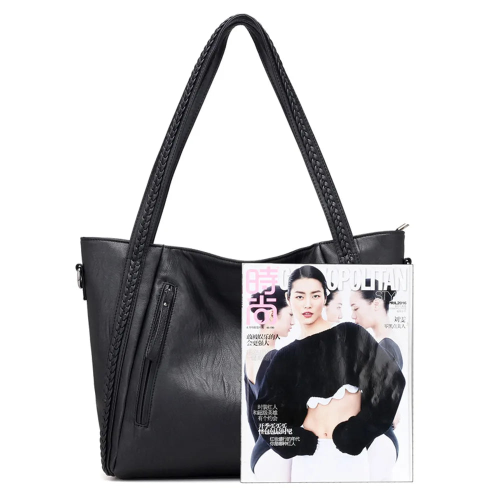 Luxury Women's Soft Leather Handbags Designer Brand Large Capacity Woven Shoulder Bags Ladies Casual Totes Black Travel Bags