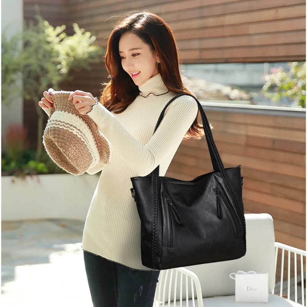 Luxury Women's Soft Leather Handbags Designer Brand Large Capacity Woven Shoulder Bags Ladies Casual Totes Black Travel Bags