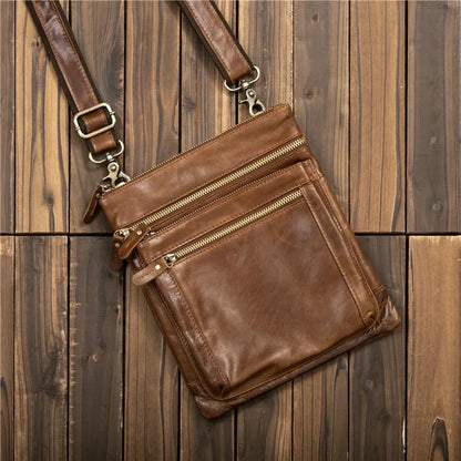 Luxury oil wax men's shoulder genuine leather crossbody fashion male messenger vintage handbag