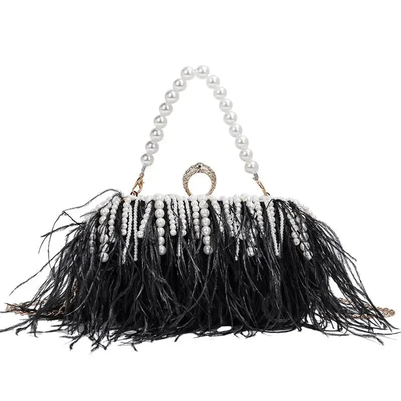 Luxy Moon Designer Ostrich Fur Feather Wallet Clutch Bag Women Clutch Diamond Knuckle Rings Dinner Evening Bag Chain Purse