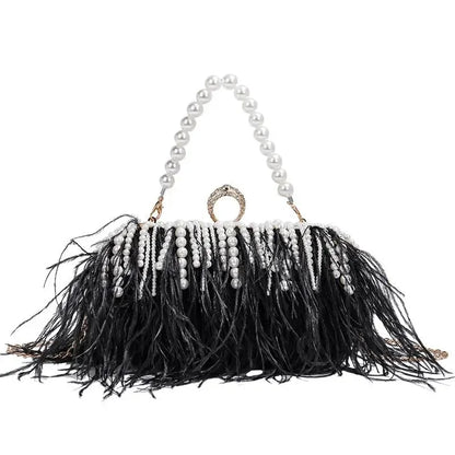 Luxy Moon Designer Ostrich Fur Feather Wallet Clutch Bag Women Clutch Diamond Knuckle Rings Dinner Evening Bag Chain Purse