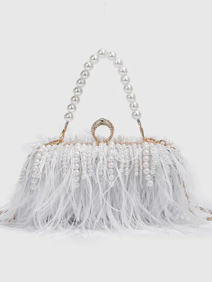Luxy Moon Designer Ostrich Fur Feather Wallet Clutch Bag Women Clutch Diamond Knuckle Rings Dinner Evening Bag Chain Purse