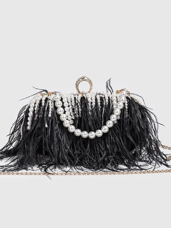 Luxy Moon Designer Ostrich Fur Feather Wallet Clutch Bag Women Clutch Diamond Knuckle Rings Dinner Evening Bag Chain Purse