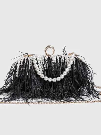 Luxy Moon Designer Ostrich Fur Feather Wallet Clutch Bag Women Clutch Diamond Knuckle Rings Dinner Evening Bag Chain Purse