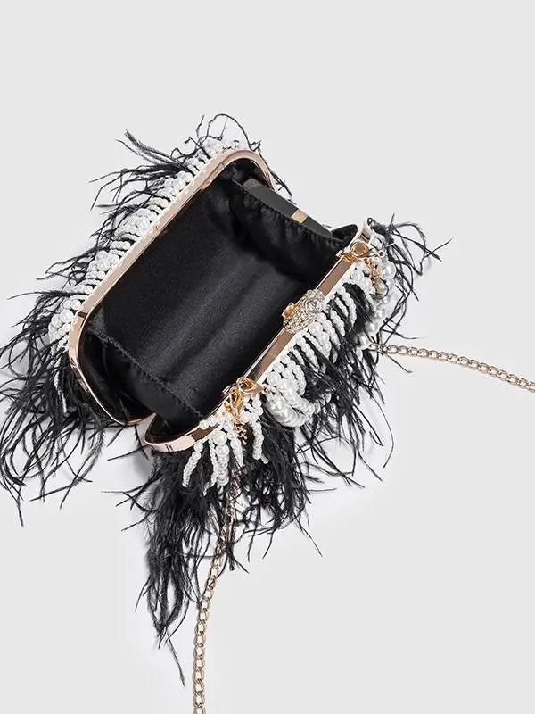 Luxy Moon Designer Ostrich Fur Feather Wallet Clutch Bag Women Clutch Diamond Knuckle Rings Dinner Evening Bag Chain Purse