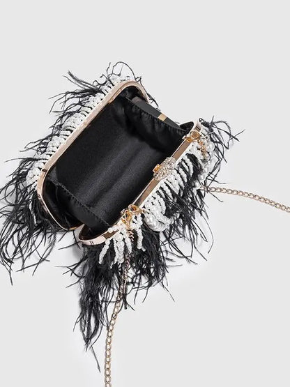 Luxy Moon Designer Ostrich Fur Feather Wallet Clutch Bag Women Clutch Diamond Knuckle Rings Dinner Evening Bag Chain Purse