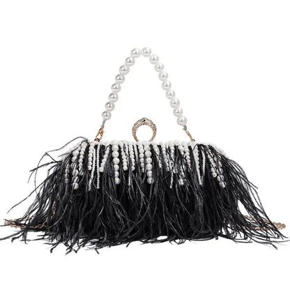Luxy Moon Designer Ostrich Fur Feather Wallet Clutch Bag Women Clutch Diamond Knuckle Rings Dinner Evening Bag Chain Purse