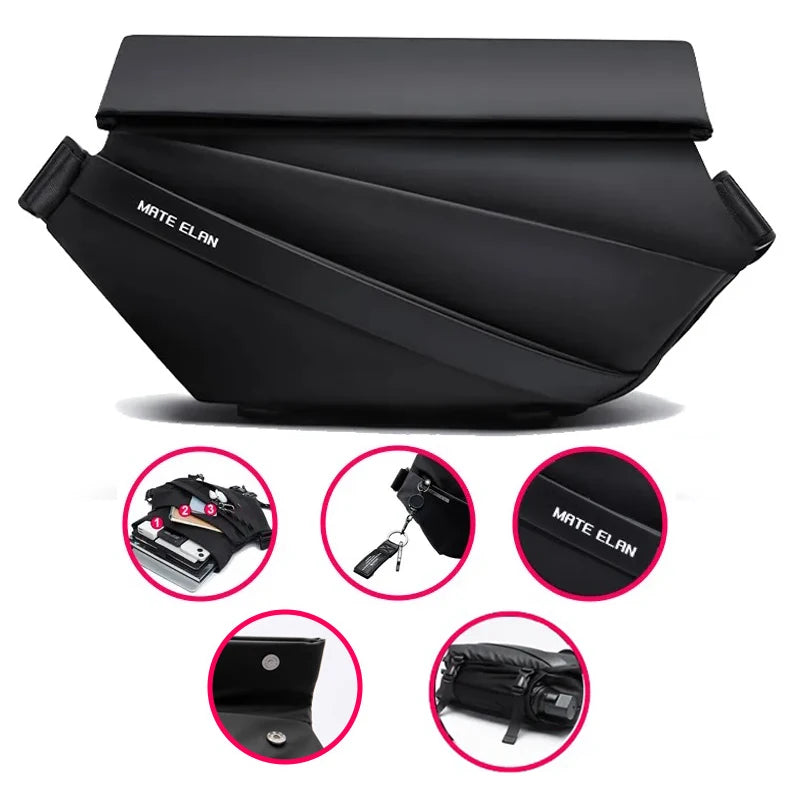 MATE ELAN Premium Waterproof Magnetic Buckle Crossbody Bag Personality Fashion Men Messenger Bag Black Minimalist Shoulder Bags